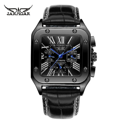 Fashion Jaragar Top Brand Men's Stylish Casual Skeleton Automatic Watch Multifunction Genuine Leather Strap Square Dial Business