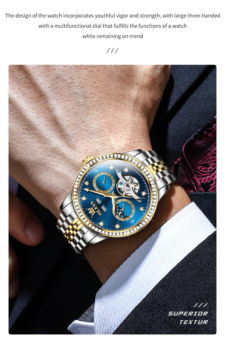 OLEVS 7016 Luxury Automatic Watch Men Skeleton Tourbillon Moon Phase Calendar Waterproof Stainless Steel Mechanical Wristwatch