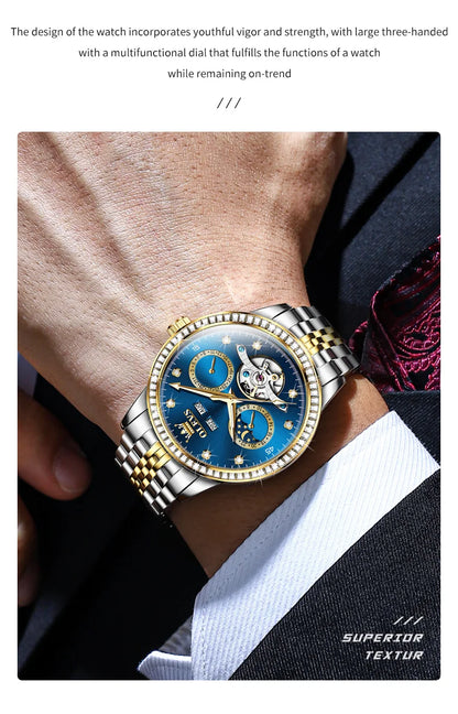 OLEVS 7016 Luxury Automatic Watch Men Skeleton Tourbillon Moon Phase Calendar Waterproof Stainless Steel Mechanical Wristwatch