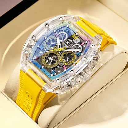 BONEST GATTI Automatic Watch Tonneau Mechanical Wristwatch K9 Crystal Case Rubber Strap Multi Dial Watches For Men
