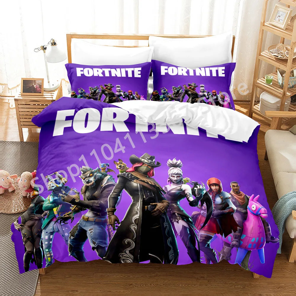 Conjunto de Cama Battle Royale F-Fortnite 3 Peças para Crianças, Capa de Edredão, Colcha e Fronha, Tamanho Duplo, Decoração de Quarto Victory Game