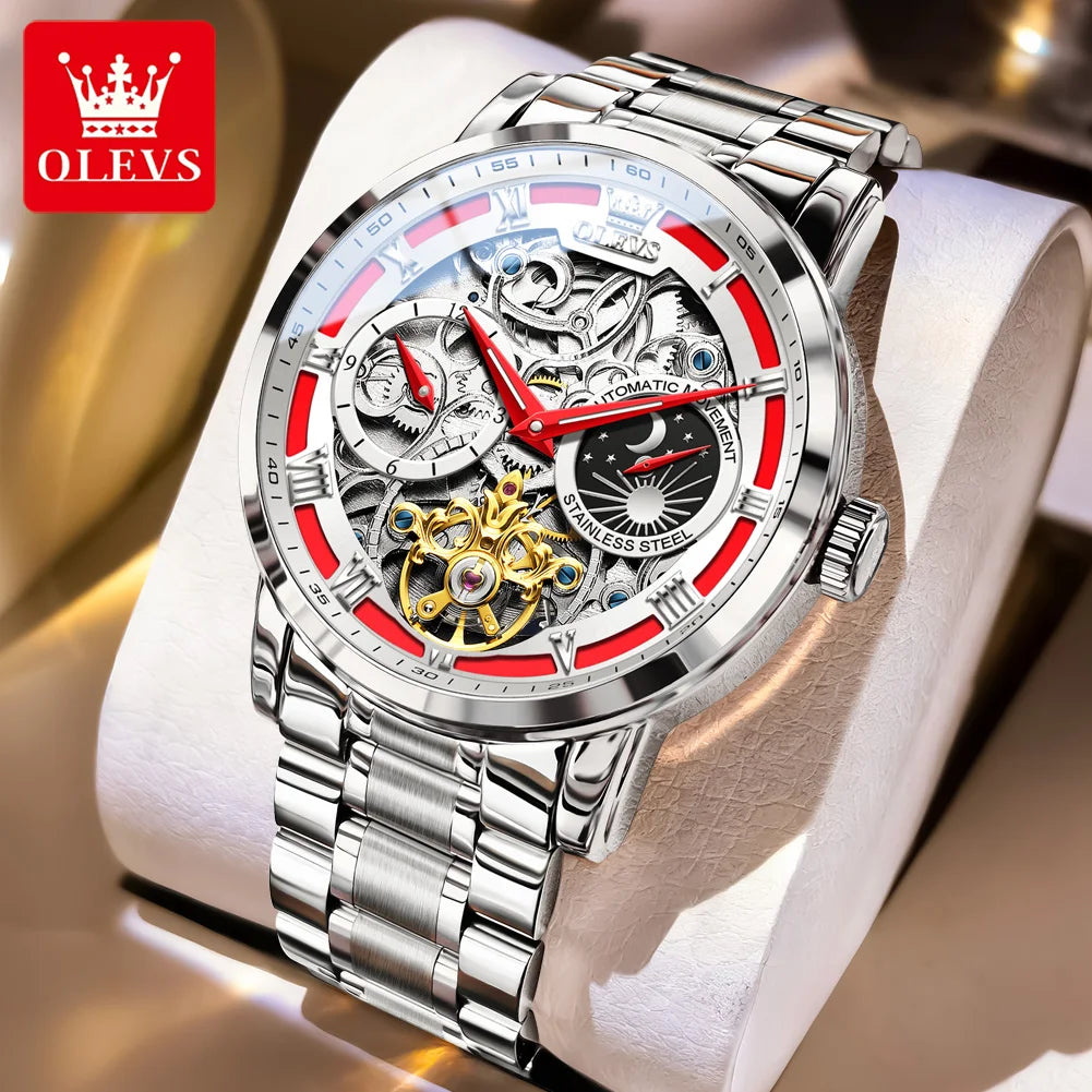 OLEVS 6670 Mens Watch Luxury Brand Skeleton Mechanical Watch Moon Phase Stainless Steel Watches For Man Gifts Box High Quality