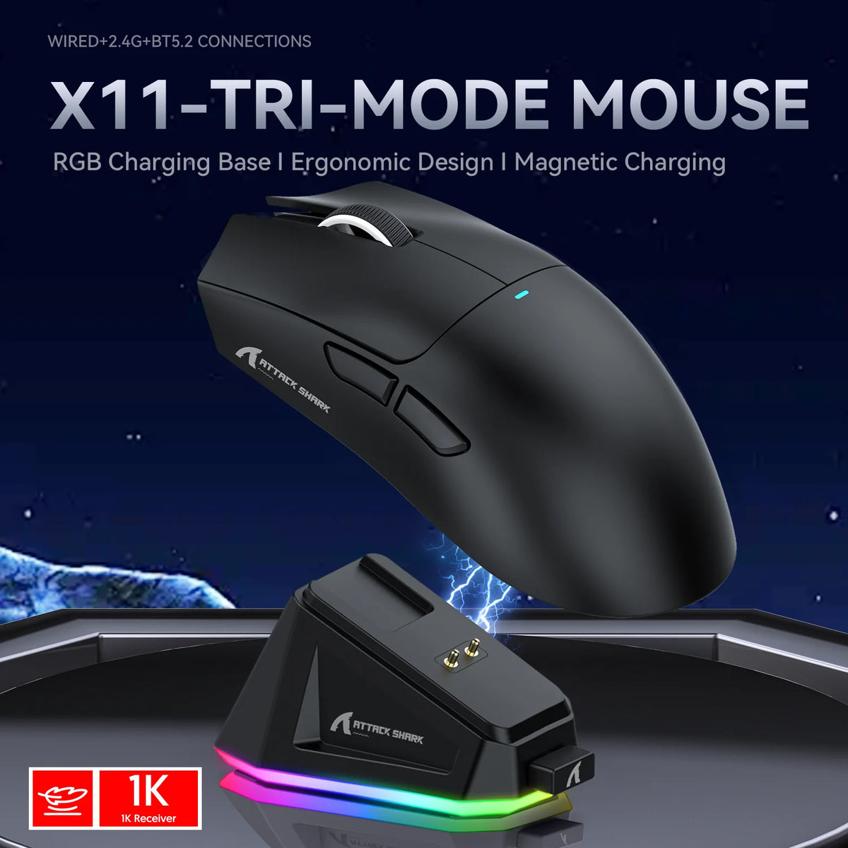 Attack Shark X11 Tri-Mode Gaming Mouse with Magnetic Charging Dock, 22,000 DPI PixArt PAW3311 Wireless Gaming Mouse, Bluetooth, 2.4GHz & Wired RGB Gaming Mouse for PC & Mac