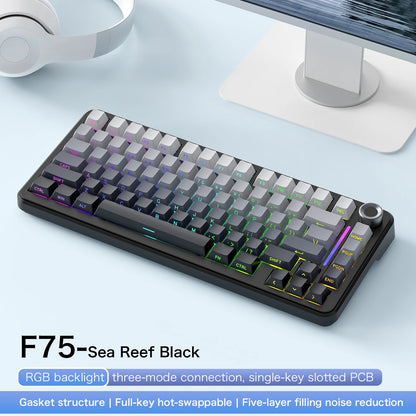F75 Mechanical Keyboard FREEWOLF 81 Keys Layout Metal Knobs PBT Keycaps, Fully Hot-swappable Keys RGB Multi-color Backlighting