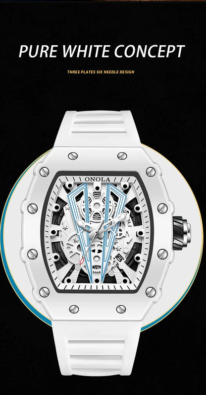 Gift Box Watches for Man ONOLA 3826W Trend White Men Watch Tonneau Calendar Waterproof Silicone Strap Relogios Masculino