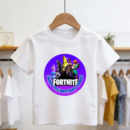 T-shirt infantil branco de algodão com estampado cartoon do tema Fortnite, manga curta, verão, jogo popular
