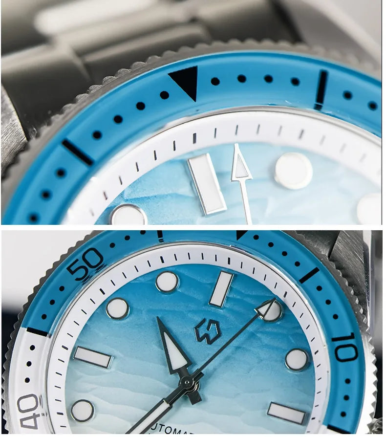 Relógio de Mergulho Automático WISHDOIT para Homem com Mostrador Azul-Oceano e Branco Ondulado, Movimento 8215 e Vidro Safira