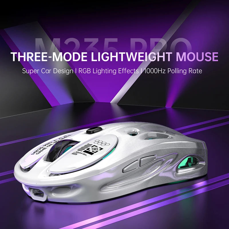 Rato Gaming Sem Fios 2.4G Trimodo RGB, Design Oco Leve com Iluminação Chroma, Com Fios/Bluetooth, Rato E-Sports Controlador