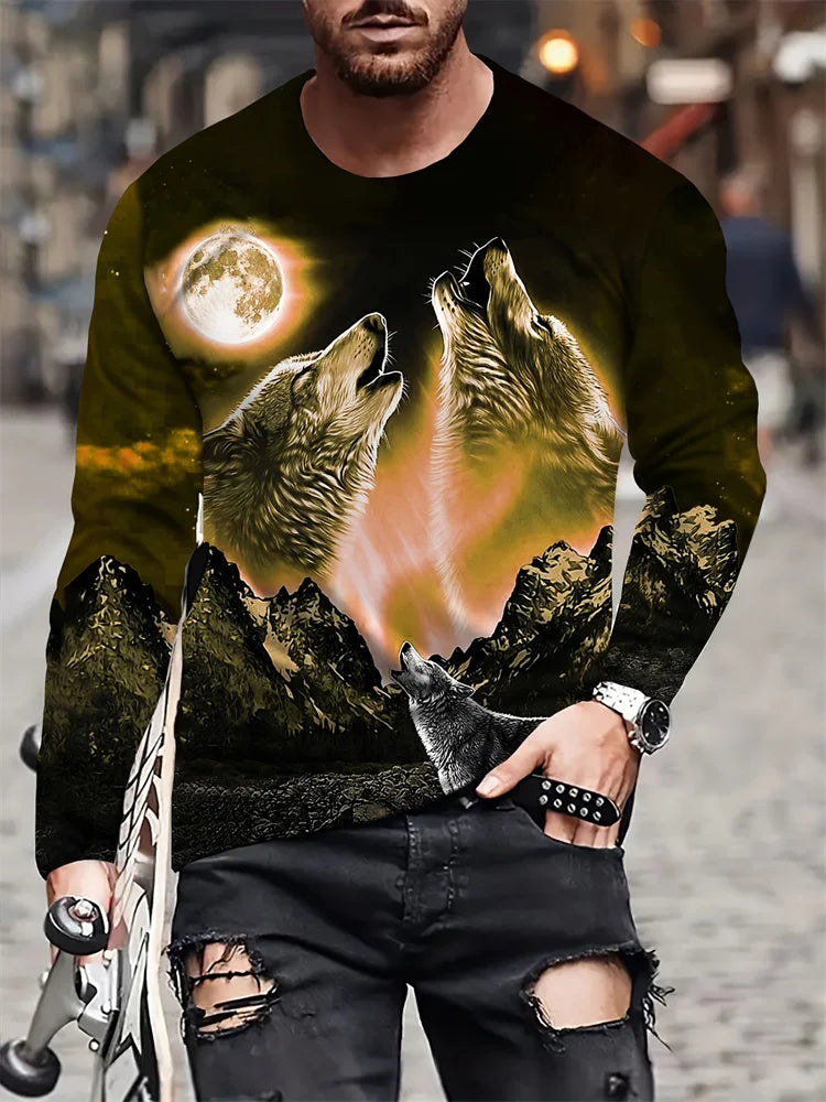T-shirt de manga comprida para homem com novo estampado de lobo 2024, camisa casual diária de primavera e outono, moda streetwear masculina