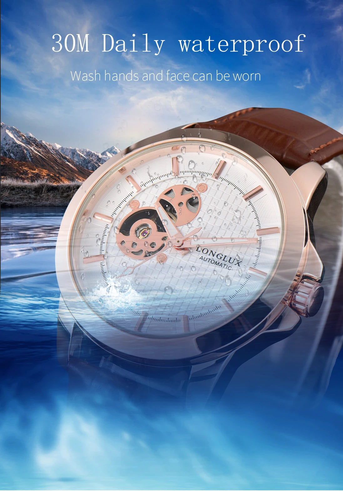 Automatic Watch Minimalist Elegant Everyday Skeleton Waterproof Mechanical Watches Rose Gold Leather Mens Watch Men Gift for Him
