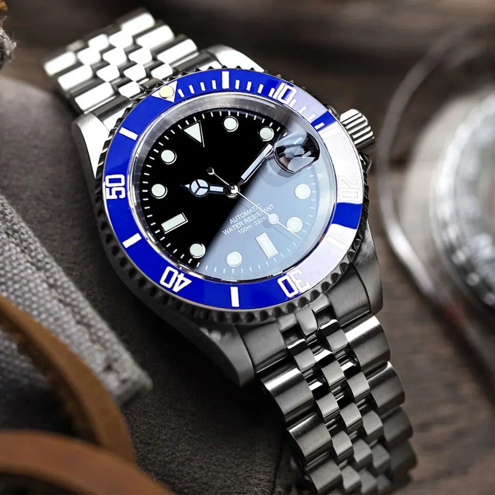 Relógio de Homem Automático Miyota8215 Impermeável 200m, Relógio de Mergulho 40mm com Movimento Mecânico, Luminoso, Bracelete Jubilee e Fecho Glide Lock
