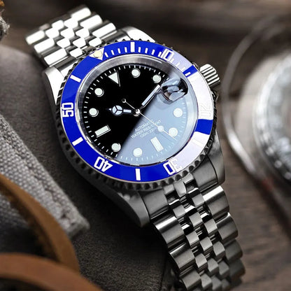 Relógio de Homem Automático Miyota8215 Impermeável 200m, Relógio de Mergulho 40mm com Movimento Mecânico, Luminoso, Bracelete Jubilee e Fecho Glide Lock