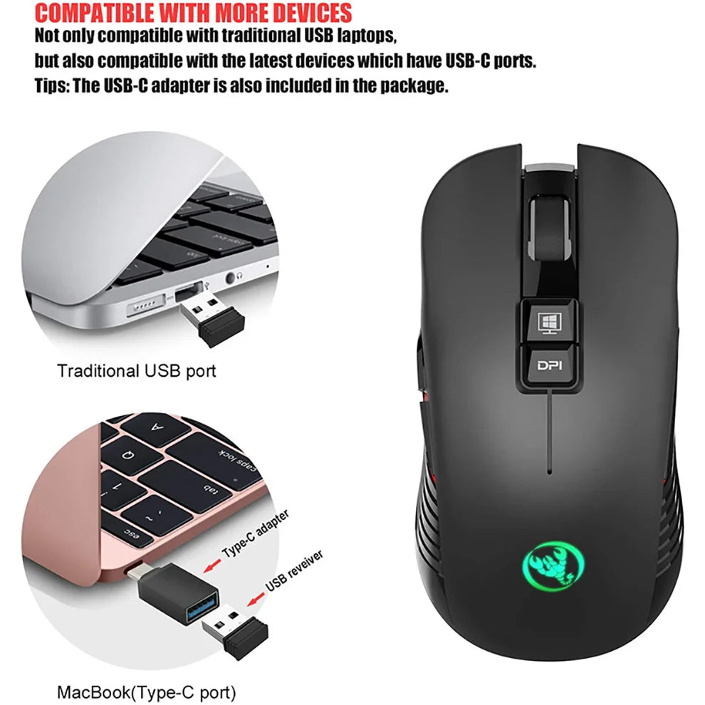 Rato gaming sem fios 2.4G USB-C recarregável 3600DPI, 7 botões, Type-C, silencioso, para MacBook, portátil, PC e computador