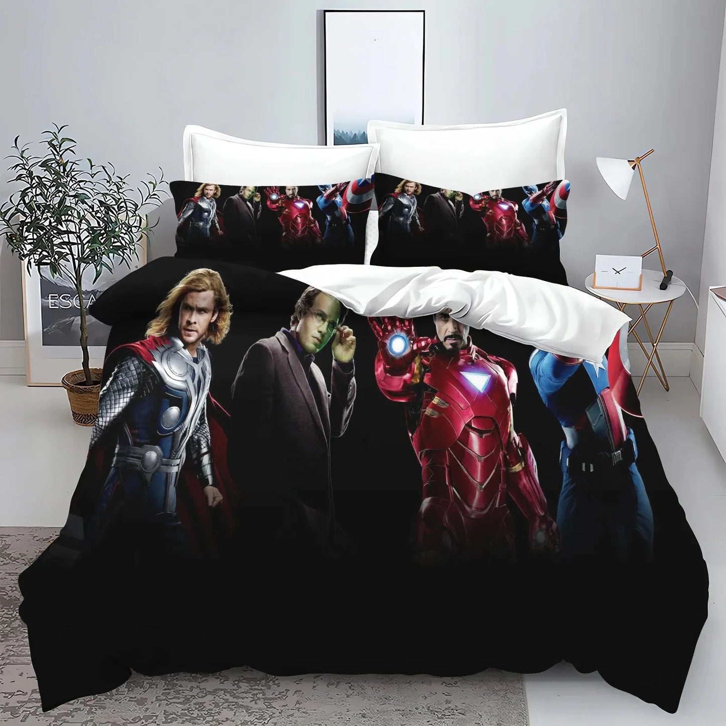 Conjunto de capa de edredão e fronhas The Avengers Hero para cama, decoração de quarto para adulto, menino ou menina, criança, solteiro ou casal, tamanho grande