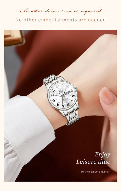 OLEVS 2891 Luxury Brand Fashion Women's Watches Waterproof Luminous Quartz Watch Dual Calendar Stainless Steel Strap Wristwatch