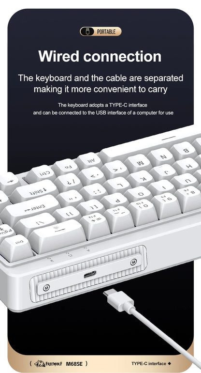FREEWOLF M68SE 68 Key Mini Wired Keyboard RGB Backlit Type-C 68% Layout Compact Gaming Office PC Laptop