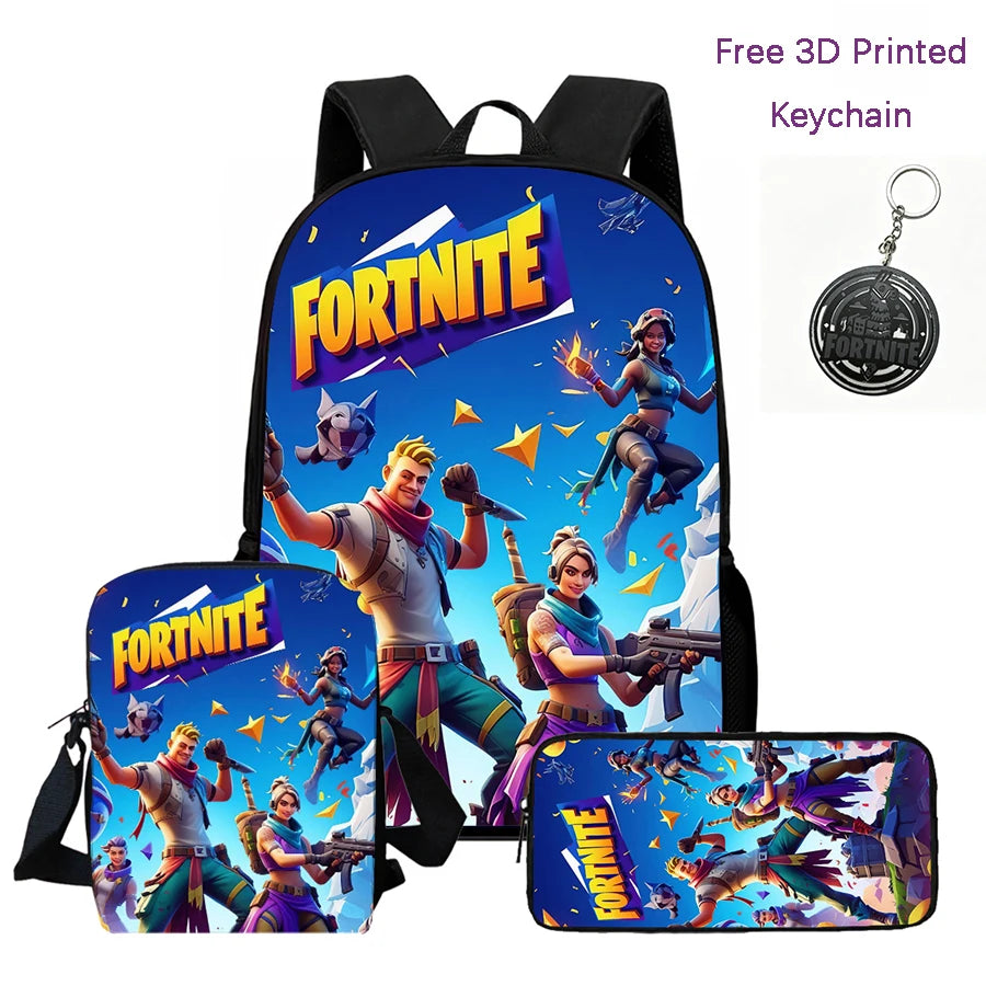 3Pcs Kids Backpack Set, Crossbody & Pencil Bag, FORTNITE Cartoon Bag, Lightweight for Boys Girls 6-10, Free 3D Printed Keychain