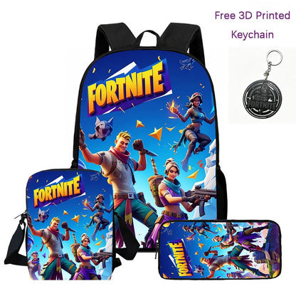 3Pcs Kids Backpack Set, Crossbody & Pencil Bag, FORTNITE Cartoon Bag, Lightweight for Boys Girls 6-10, Free 3D Printed Keychain