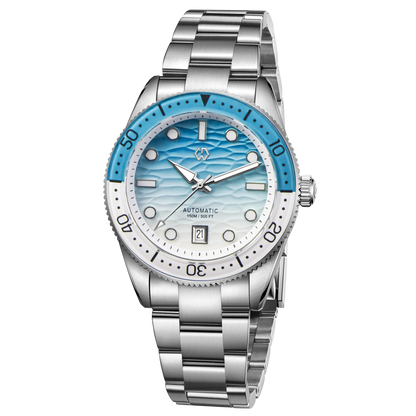 Relógio de Mergulho Automático WISHDOIT para Homem com Mostrador Azul-Oceano e Branco Ondulado, Movimento 8215 e Vidro Safira