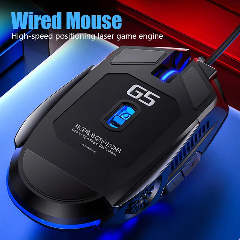 Rato Gaming Ergonómico com Fio YINDIAO RGB Silencioso, Retroiluminação LED, 3200dpi, 6 Botões, G5 USB, Rato Mecânico para PC, Portátil e Computador