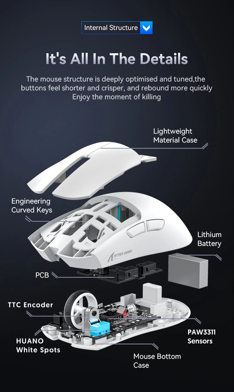 Безжична геймърска мишка ATTACK SHARK X11SE, Tri-Mode, суперлека 63g със сензор PAW3311, 22000 DPI, батерия 300mAh, двоен драйвер
