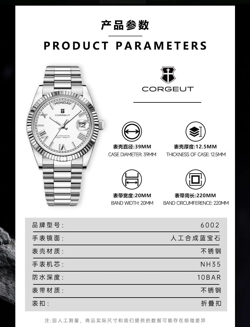 39mm Men Corgeut Logo/Name NH36 Automatic Mechanical Relogio Masculino Sapphire Glass Luminous Waterproof Wristwatch