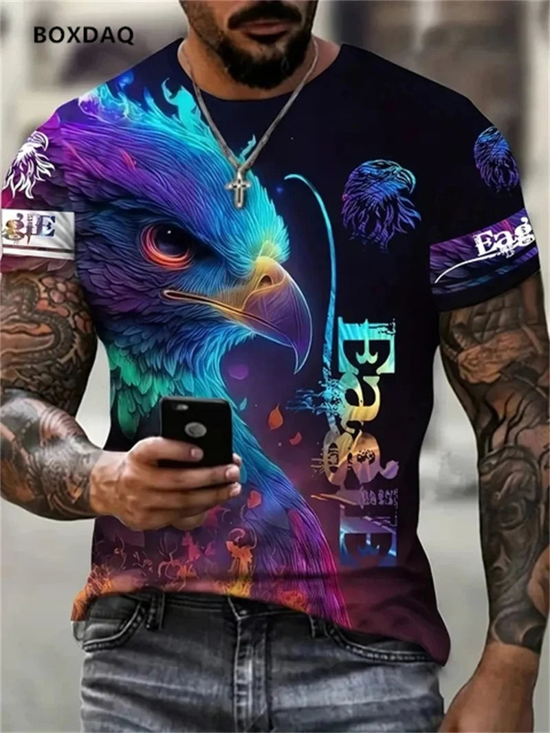 Fashion Eagle Men's T-Shirts Loose O-Neck Casual Tops Short Sleeve 3D Animal Printing Street T Shirt 6XL Big Size Breathable Tee