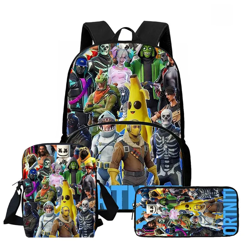 Conjunto de Mochila Fortnite Cartoon de 3 Peças Unissexo para Rapazes e Raparigas, Mochila com Bolso Frontal, Mala a Tiracolo e Estojo, Presente Ideal