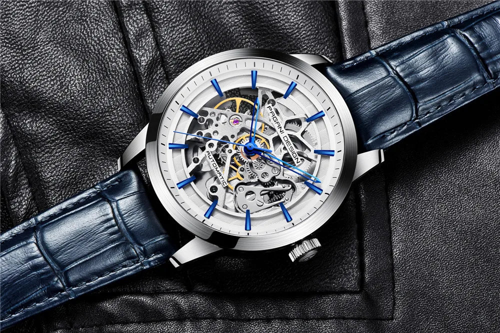 PAGANI DESIGN Új, csontvázszerkezetű férfi mechanikus karórák – csúcsminőségű luxus automata karórák férfiaknak, kék bőr szíjjal, vízálló karóra férfiaknak