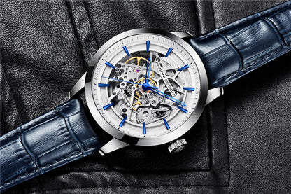 PAGANI DESIGN Új, csontvázszerkezetű férfi mechanikus karórák – csúcsminőségű luxus automata karórák férfiaknak, kék bőr szíjjal, vízálló karóra férfiaknak