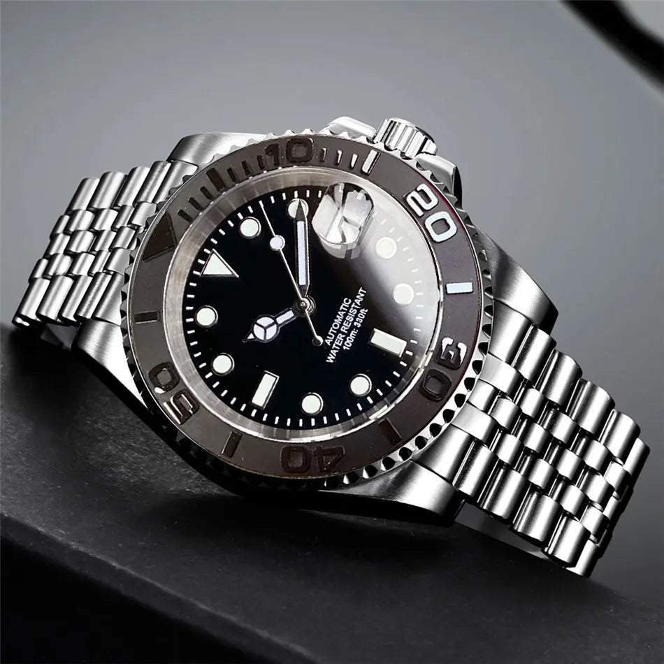 Relógio de Homem Automático Miyota8215 Impermeável 200m, Relógio de Mergulho 40mm com Movimento Mecânico, Luminoso, Bracelete Jubilee e Fecho Glide Lock