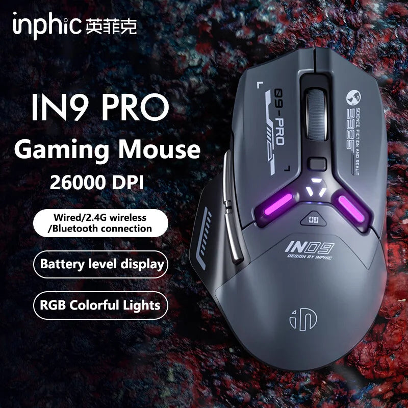 Mouse da gaming wireless Inphic IN9PRO 26000DPI 8K Polling Rate Bluetooth 5.0 cablato 2.4G tri-mode RGB ergonomico
