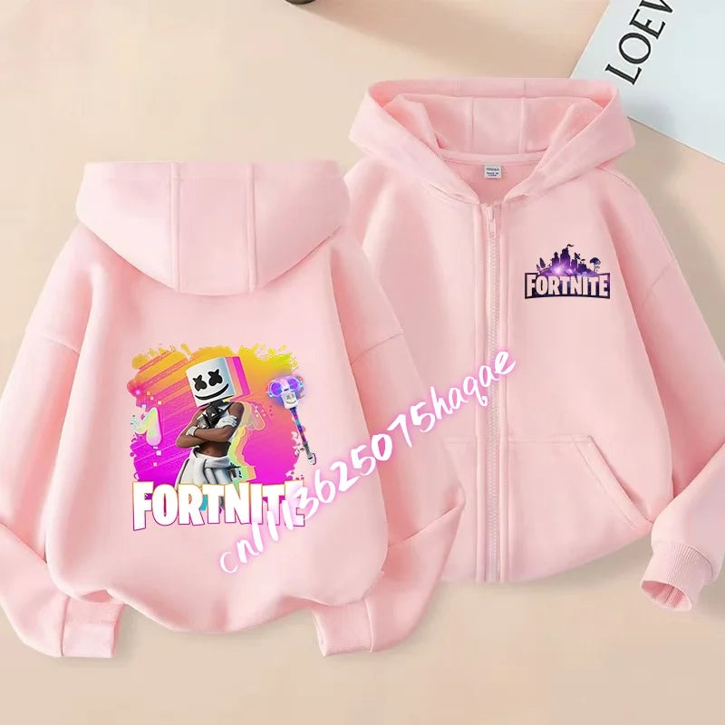 Casaco Outdoor Infantil Cartoon FORTNITED para Rapariga e Rapaz, Sweatshirt com Fecho, Corta-Vento Fino de Alta Qualidade para Outono, Peça Superior de Vestuário