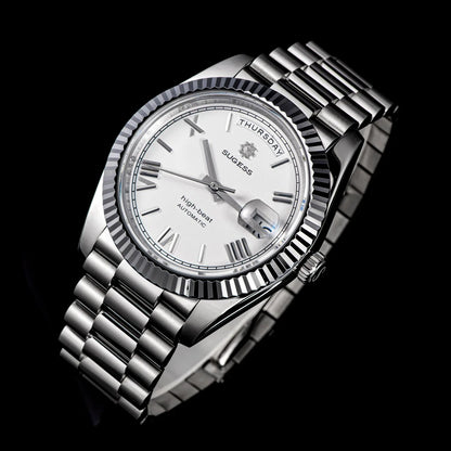 Sugess Watch Mens 40mm Date Day Automatic Dandong Peacock SL3034 Movement Retro Mechanical Wristwatch Sapphire Glass Golden New