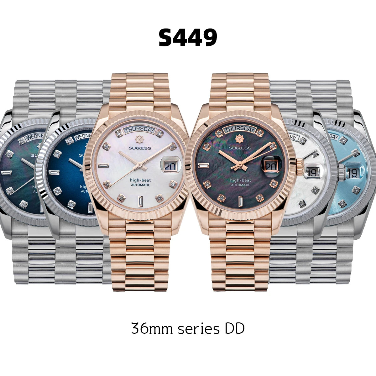 Sugess 36mm Mens of Watch Automatic Dandong Peacock SL3034 Day Movement Sapphire Glass 100m Waterproof Wristwatches MOP Date New