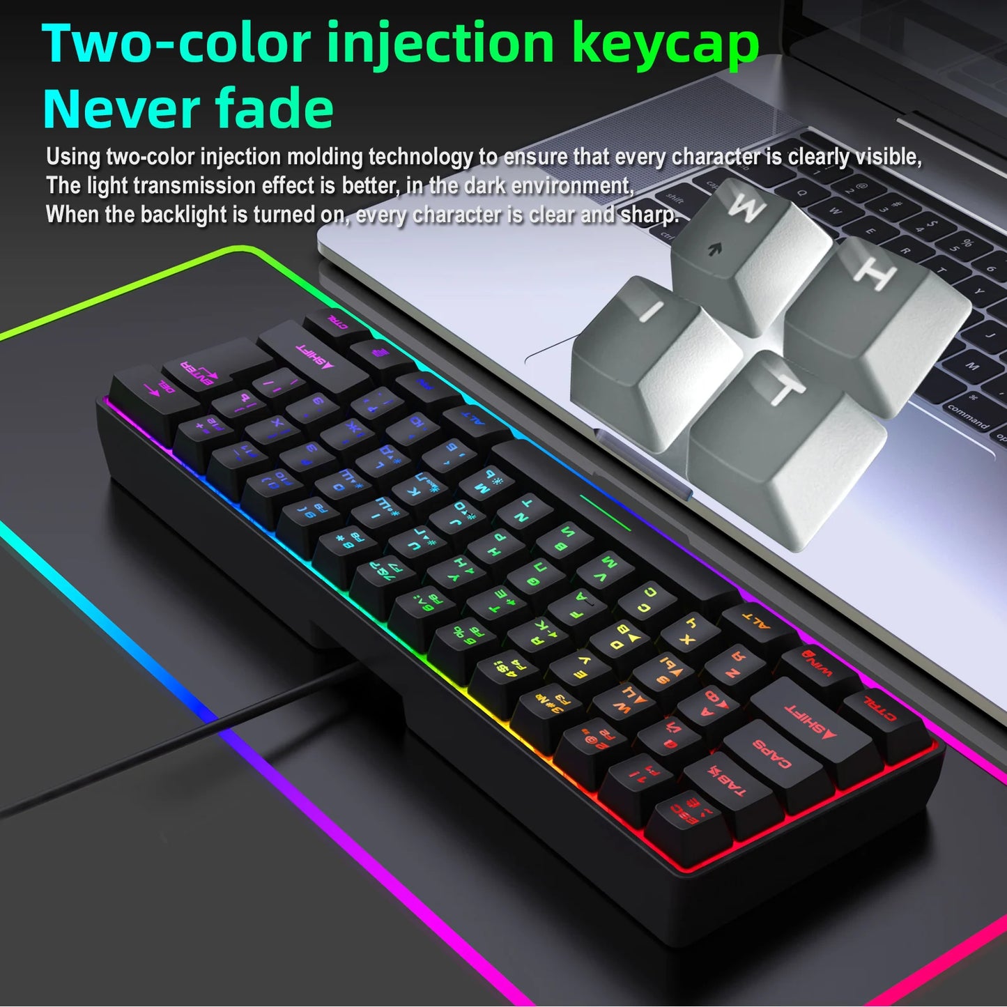 Gaming Keyboard, Russian/English RGB Backlit 61 Key Ultra-Compact Keyboard, Waterproof Mechanical Feeling Office Gaming Keyboards