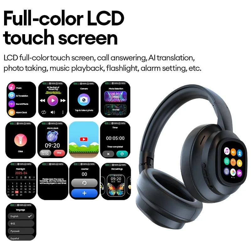 Auscultadores Bluetooth sem fios com ecrã tátil LCD AI – Headset gaming com cancelamento de ruído ANC, graves profundos e microfone HD
