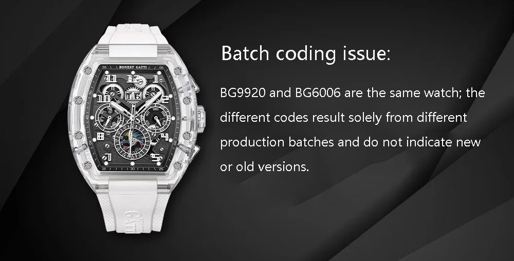 BONEST GATTI Automatic Watch Tonneau Mechanical Wristwatch K9 Crystal Case Rubber Strap Multi Dial Watches For Men
