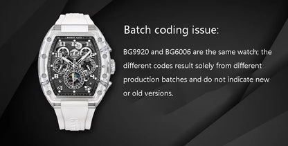 BONEST GATTI Automatic Watch Tonneau Mechanical Wristwatch K9 Crystal Case Rubber Strap Multi Dial Watches For Men
