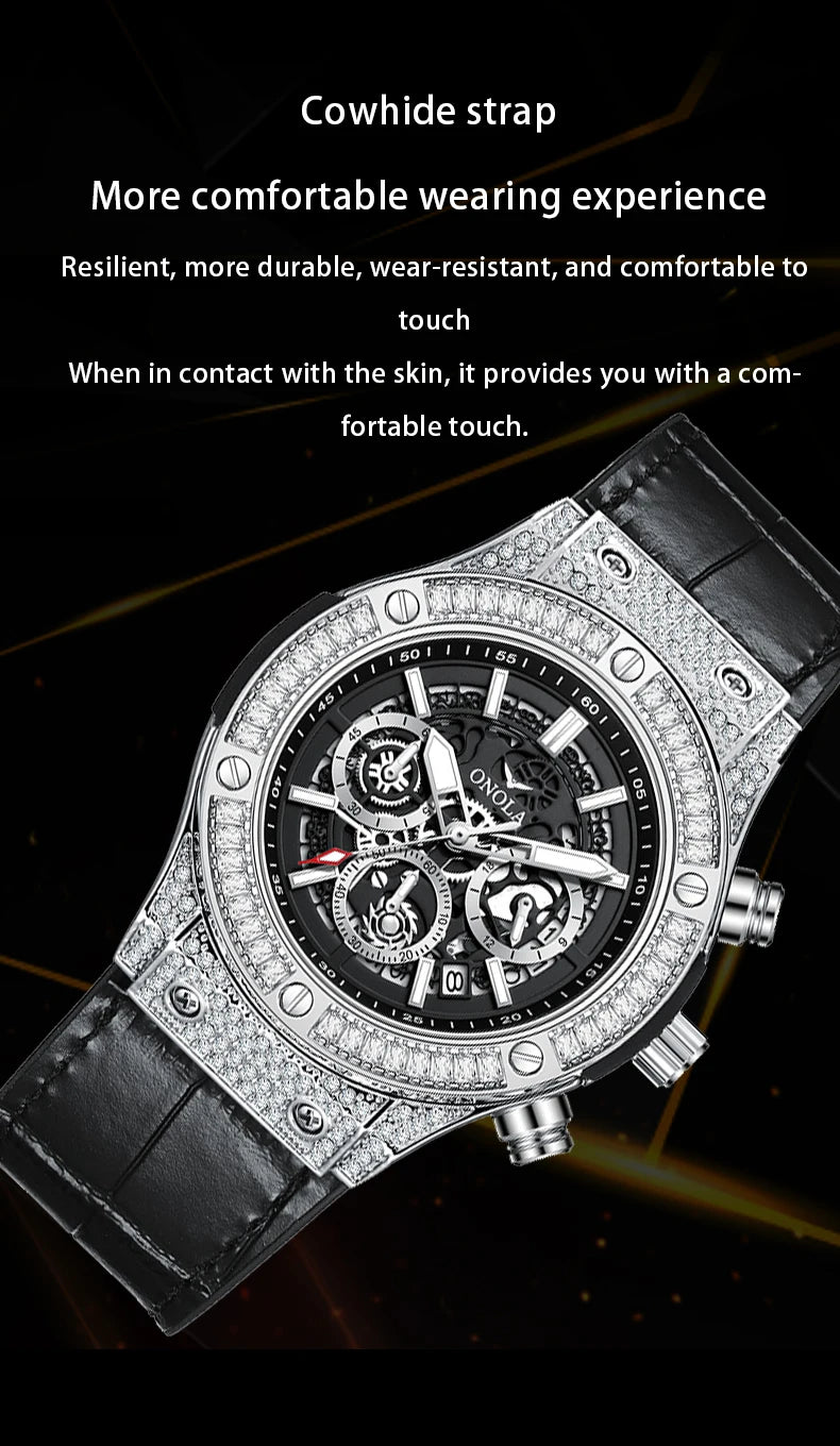 ONOLA Luxury Style Diamond Inlaid Men Quartz Watch Leather Strap Calendar Men Watch 30M Waterproof Men Clock