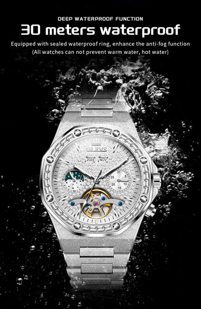 OLEVS 9805 Skeleton Automatic Man Watch Luxury Fashion Matte Texture Full Diamond Moon Phase Waterproof Mechanical Wristwatches
