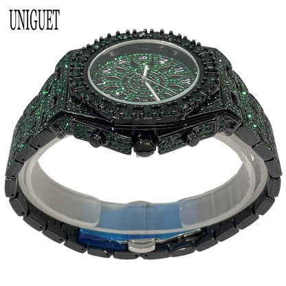 UNIGUET Hip Hop Wristwatch For Men Luxury lce Out Full Diamond Watches Fashion Green Watch Waterproof Clock Man 2026 Hot Sale