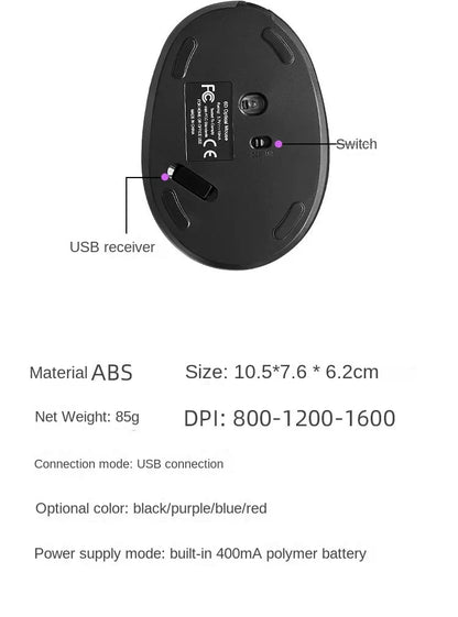 BTS-908 Bestseller — ładowalna pionowa mysz ergonomiczna, bezprzewodowa, odbiornik USB 2.4G, regulowane 1600 DPI, 6 przycisków