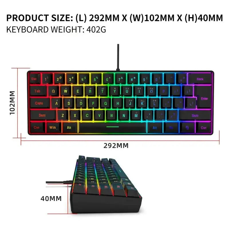 60% wired gaming keyboard, RGB backlight ultra compact mini keyboard, waterproof small compact 61 key keyboard for PC/Mac gamers