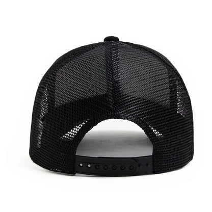 Boné trucker unissexo 2025 de 5 painéis em malha e camurça com logótipo personalizado, boné de basebol para homem, primavera/verão, respirável, desportivo, para mulher