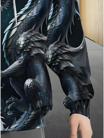 Mens Dragon Print Zipper Hoodie Outdoor Activities Travel Drawstring Long Sleeve Hoodies Autumn Winter Oversize Man Sweatshirts