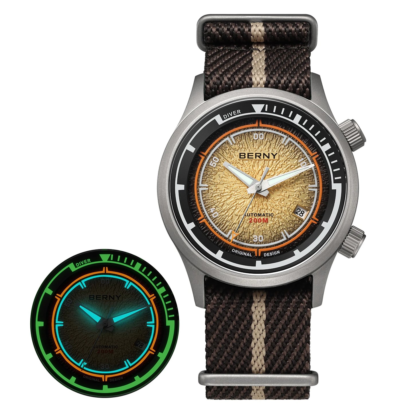 BERNY Titanium Diver Watches for Men 20ATM Super Luminous Automatic Mechanical Men's Dive Watch Sapphire Swim Diving Wristwatch