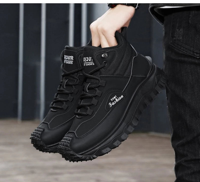 Men'S Black And White Mid Top Hiking Boots Waterproof Leather Platform Sneakers Non Slip Outdoor Casual Shoes With Rugged Sole