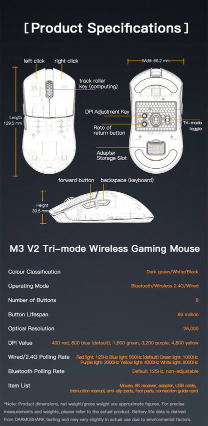 Darmoshark M3 V2 Gaming Mouse Wireless Tri-Mode 8K, PAW3395 Sensor, 26K DPI Ultra-Light Gaming Mouse for PC & Laptop