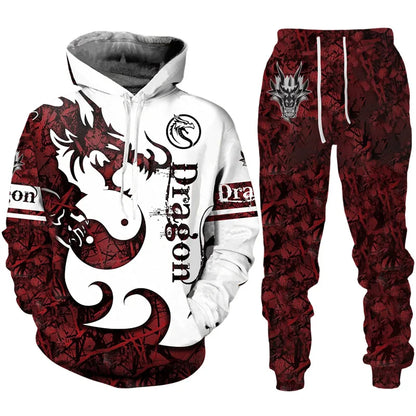 Conjunto de fato de treino para homem e mulher com estampado 3D de dragão retro tatuado, hoodie casual + calças, conjunto de 2 peças, sweatshirt oversized, moda masculina